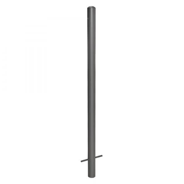 Schwarzer MORION Sperrpfosten, 60 mm Durchmesser, aus Metall, mit Querstrebe unten, vor weißem Hintergrund.