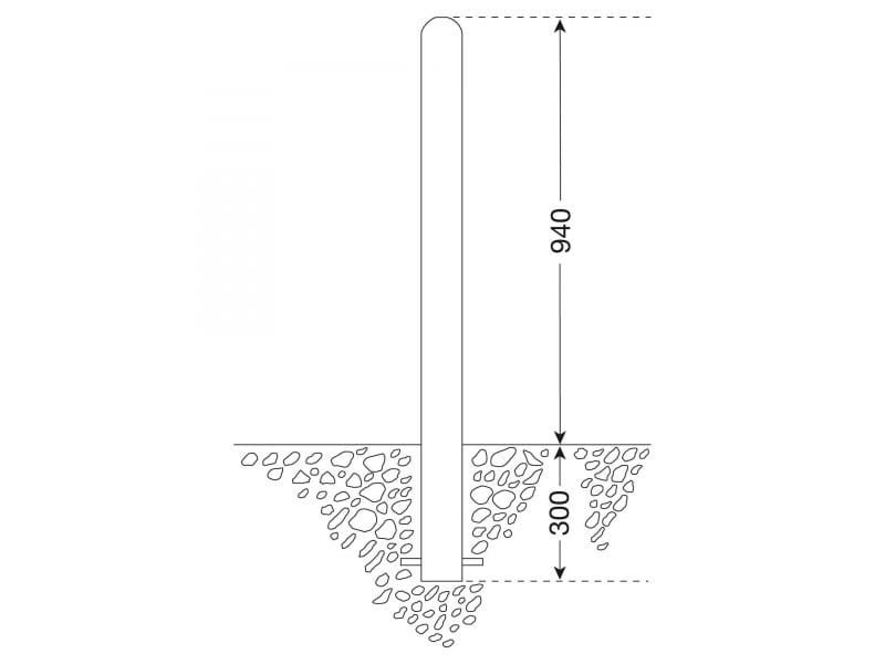 Technische Zeichnung: City-Poller WIEN 76, Pfosten 940 mm über Boden, 300 mm im Kies- oder Steinfundament eingelassen.