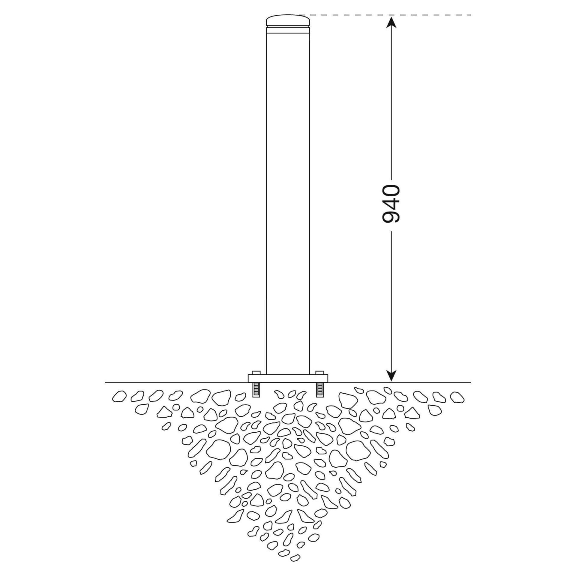 Strichzeichnung: City-Poller LEIPZIG senkrecht im Boden mit Kies eingebettet, Höhe 940 Einheiten über Bodenniveau.