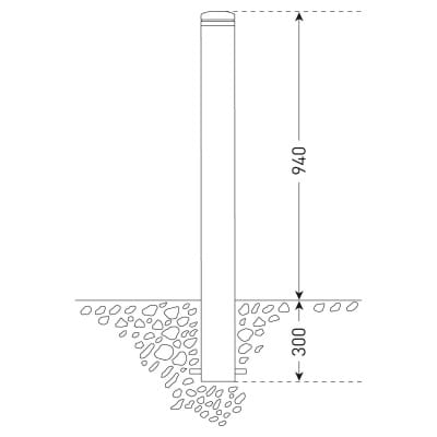 Technische Zeichnung CITY-Poller LEIPZIG: senkrechter Poller, 300 mm im Boden, 940 mm sichtbar, teils von Steinen umgeben.