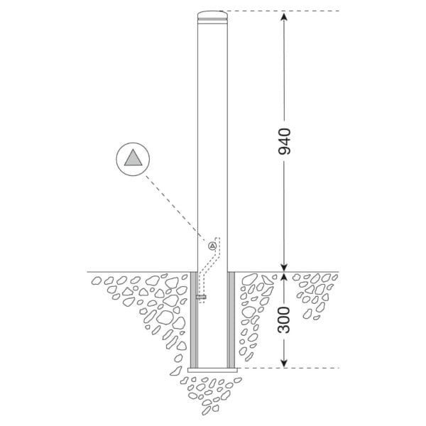 Stadtschutzpfosten CITY-Poller Leipzig, Skizze: 940 mm sichtbar, 300 mm im Boden versenkt, zylindrische Form.