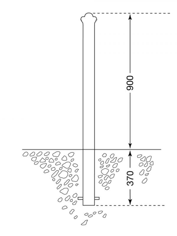 Technische Zeichnung City-Poller POTSDAM: Pfosten, 370 mm im Boden, 900 mm sichtbar, umgeben von losen Steinen.
