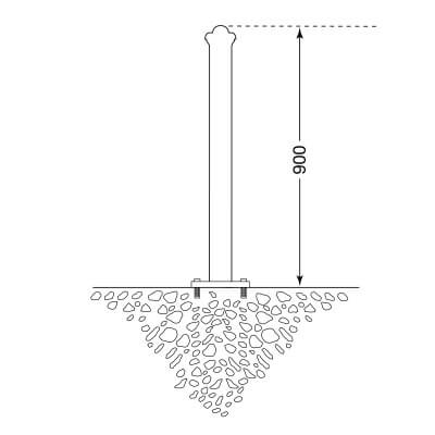 Schaubild: City-Poller POTSDAM senkrecht im Kies- bzw. Schotterbett, Einbautiefe 900 mm, Tiefenmaß klar markiert.