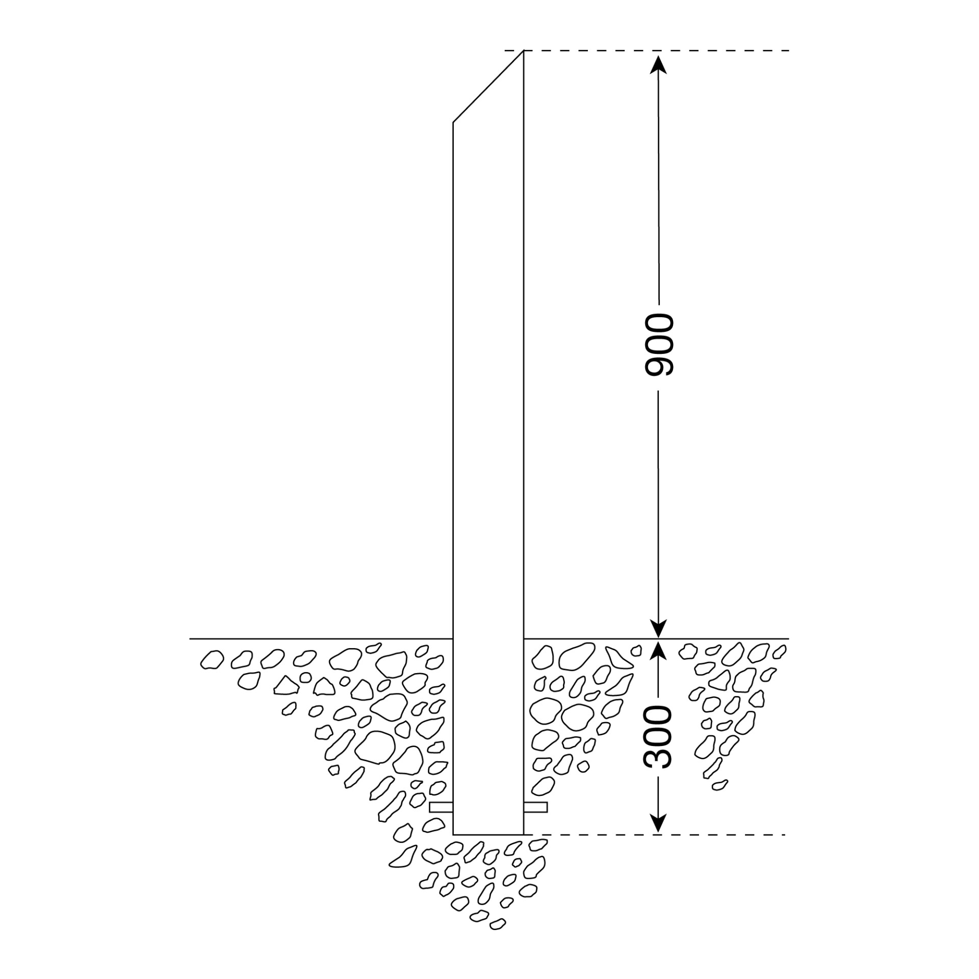 Diagramm: CITY-Poller BERLIN 45, 300 Einheiten tief im Kies eingebettet, 900 Einheiten ragen als Poller sichtbar heraus.