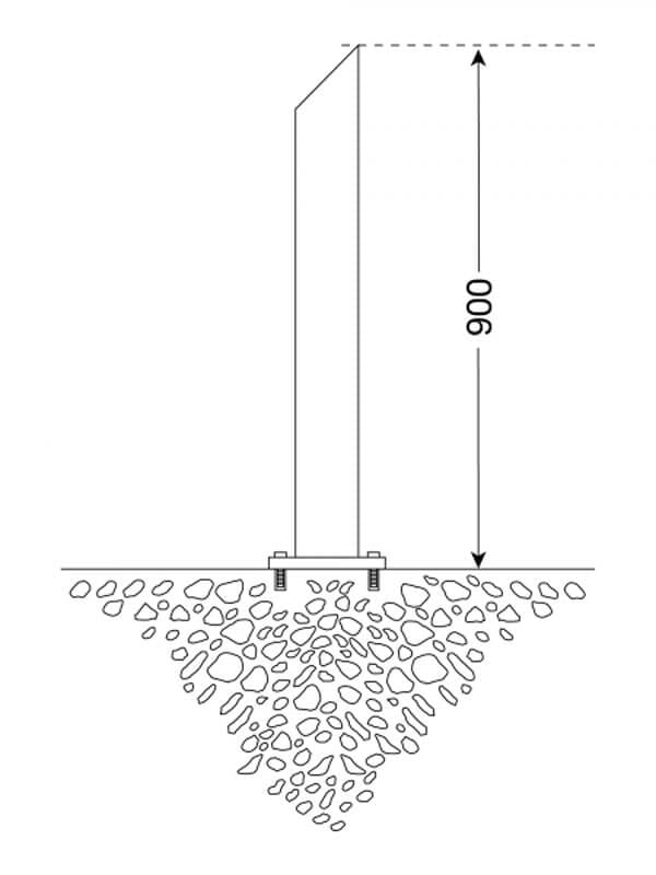 Technische Zeichnung CITY-Poller BERLIN 45: senkrechter Pfosten, bolzenverankert im Kiesbett, 900 mm Höhe über Erdoberfläche.