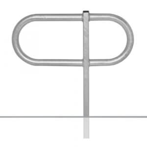 Metall Anlehnbügel oval, Drehkreuz-Absperrung mit senkrechtem Pfosten am Rand einer Glaswand montiert.