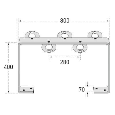 Technische Zeichnung CITY-Scooter-Parker: Metallhalter mit 5 Bohrungen, 800mm breit, 400mm hoch, Standfüße 280mm innen, 70mm Basis.