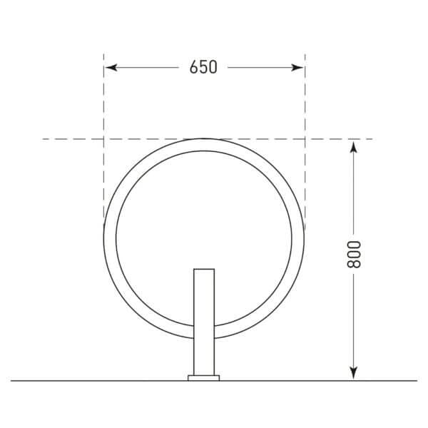 Technische Zeichnung CITY-Anlehnbügel GIRO, rund mit senkrechtem Sockel, 650 mm Breite und 800 mm Höhe ab Boden.
