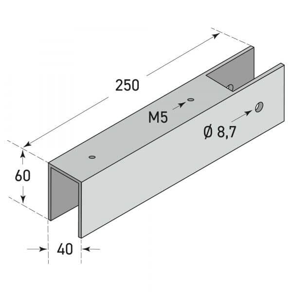 Technische Zeichnung U-förmiger Stahlriegel, 250x60x40 mm, mit M5 Gewindebohrung und 8,7 mm Loch.