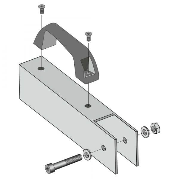 Explosionszeichnung eines U-förmigen Stahlriegels mit Griff, Schrauben, Muttern und Bolzen zur Montageanordnung.