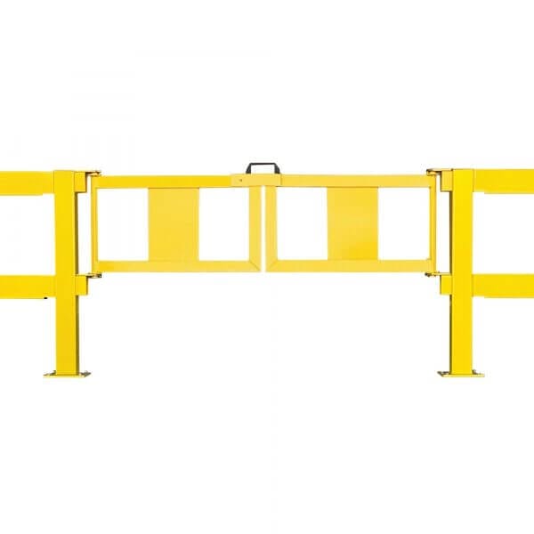 Gelber, U-förmiger Stahlriegel mit rechteckigen Ausschnitten dient als Metall-Schutzgitter zwischen zwei senkrechten Pfosten.
