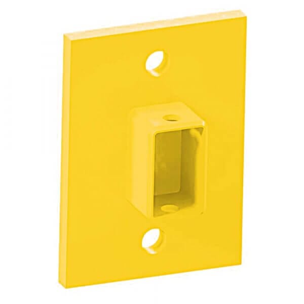 Gelbe BLACK BULL Wandplatte für Rammschutz-Geländer, zwei Schraublöcher, mittiger rechteckiger Kasten, Stahl, robust.