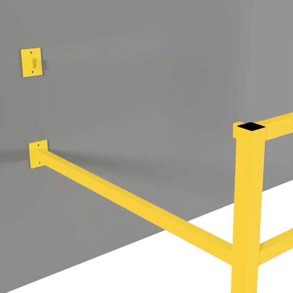 Gelbes Metall-Rammschutz-Geländer mit zwei Halterungen an grauer Wand, schräg nach außen montiert, Wandadapter sichtbar.