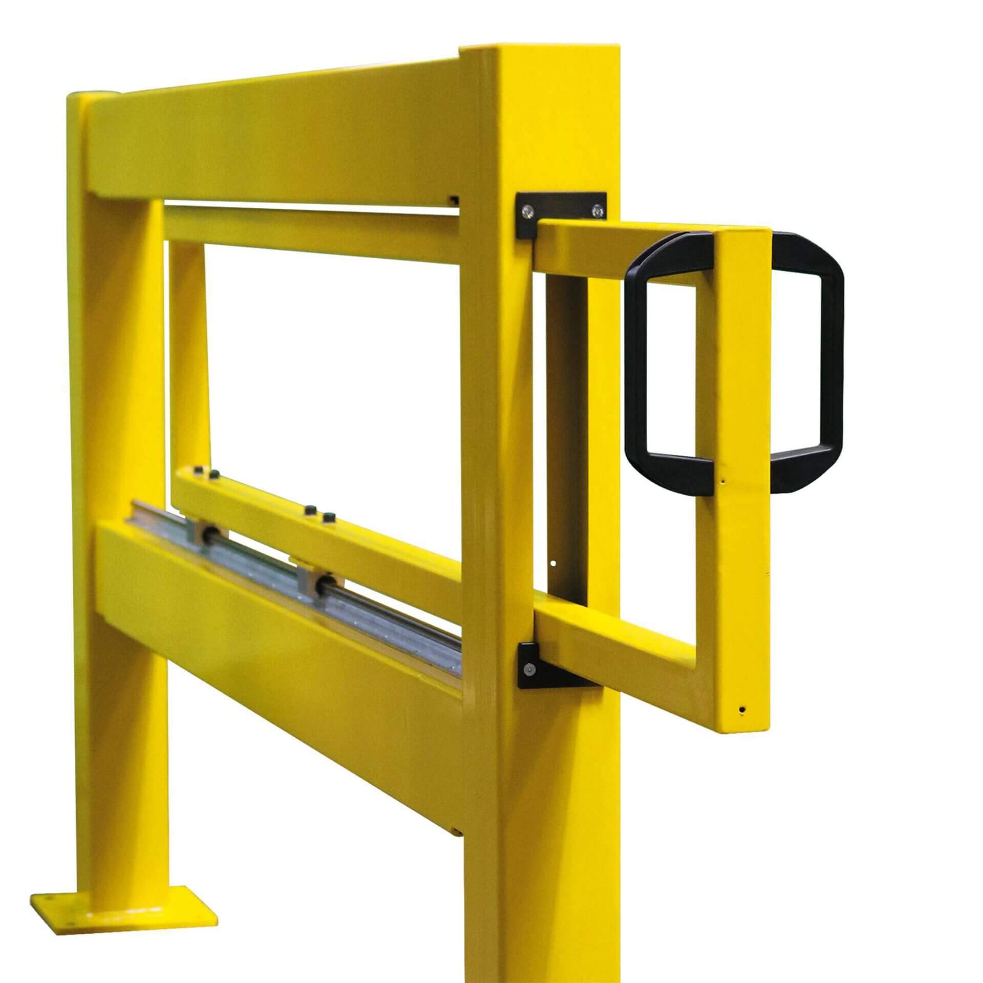 BLACK BULL Schiebetür-Set: Gelbe Metall-Sicherheitsbarriere mit schwarzem Halter rechts, auf flacher Grundplatte montiert.