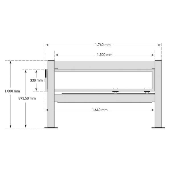 Technische Zeichnung BLACK BULL Schiebetür-Set Metallrahmen, Maße: H 1000 mm, B 1740 mm, innen 1500x873,5x330 mm.
