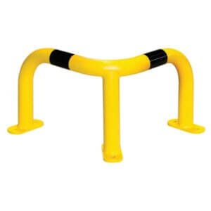 Gelber BLACK BULL Metall-Eckrammschutz mit drei Beinen, schwarzen Streifen oben und flachen Bodenplatten zur Montage.