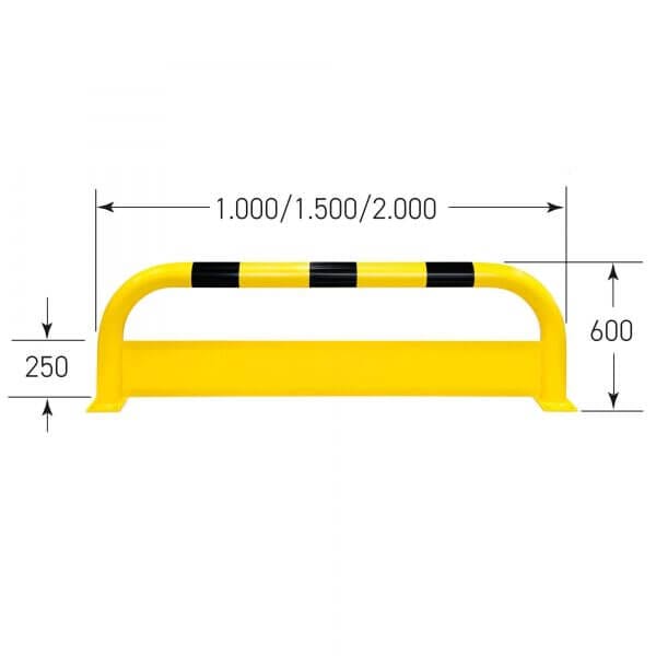 Gelber Rammschutzbügel aus Metall mit schwarzen Streifen, 250 mm hoch, 600 mm tief, Längen: 1000/1500/2000 mm.