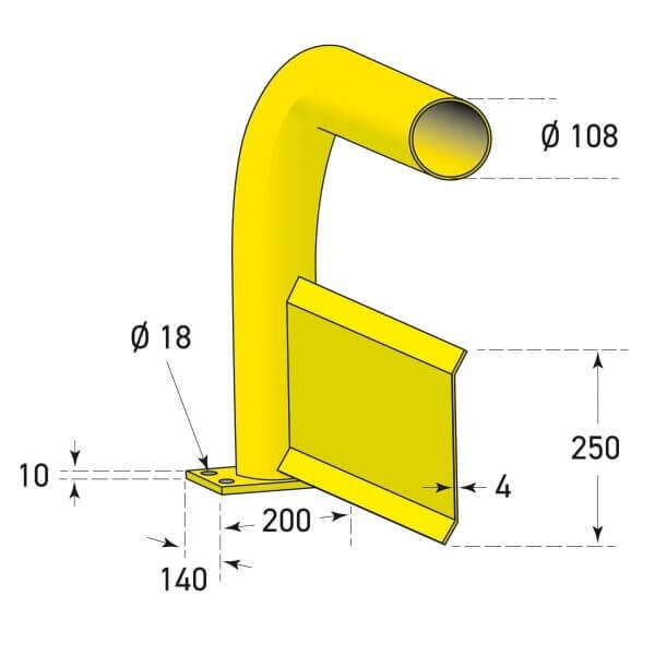 Gelber BLACK BULL Rammschutz-Bügel XL, Metall, gebogenes Rohr Ø108mm, Vertikalplatte 250mm, Bohrung Ø18mm, Maße markiert.