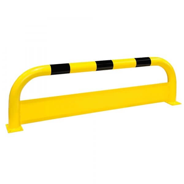Gelber Rammschutzbügel aus Stahl, XL, mit schwarzem Streifen, gebogener Oberseite, zwei Bodenplatten zum Verschrauben.