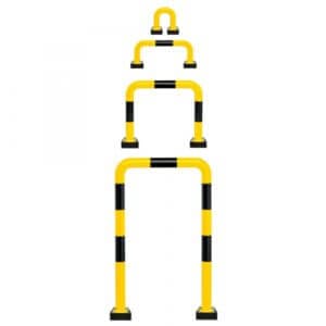 Vier gelb-schwarze Rammschutzbügel in aufsteigender Größe, senkrecht angeordnet vor weißem Hintergrund.