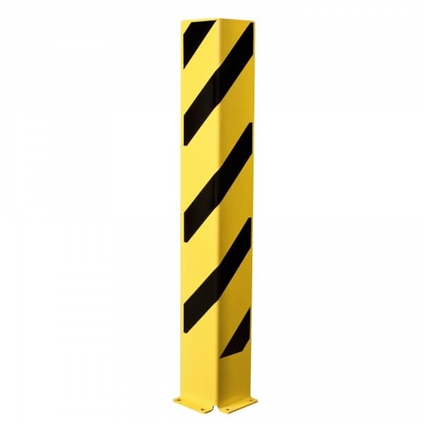 Gelber BLACK BULL Metallschutz für Ecken mit schwarzen Streifen, prallt an Lager- oder Industrie-Wänden und Säulen ab.