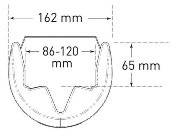 Technische Zeichnung MORION Anfahrschutz Kunststoff, gebogen, Maße: 162 mm breit, 65 mm hoch, Innenmaß 86-120 mm.