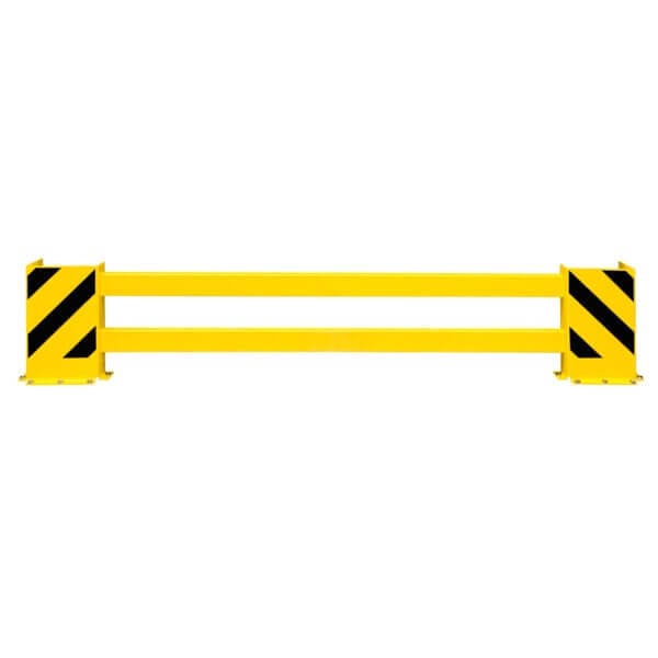 Gelbe Metall-Regalschutzplanke mit schwarzen Diagonalstreifen an beiden Enden, geeignet für Lager- und Industriehallen.