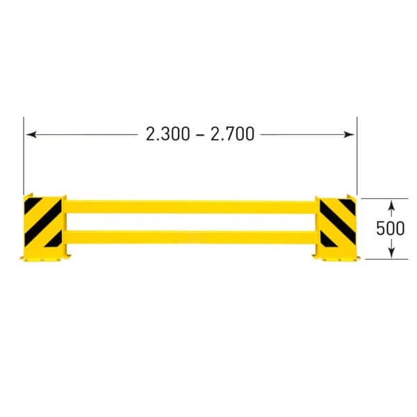Regalschutzplanke gelb-schwarz, zwei Querstreben, verstellbar 2300-2700 mm Breite, 500 mm Höhe, Anfahrschutz Lagerregal.