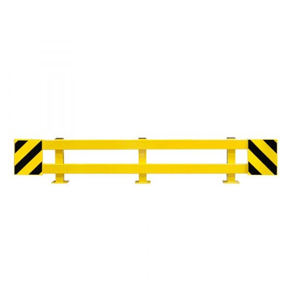 Gelbe BLACK BULL Regalschutzplanke aus Metall, an beiden Enden schwarz-gelb diagonal gestreifte Warnmarkierungen, weißer Hintergrund.