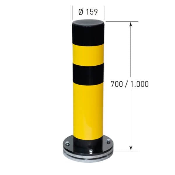 Drehbarer Rammschutz-Poller, gelb-schwarz, mit Bodenplatte, Ø 159 mm, Höhe 700 oder 1000 mm, Industrieschutz Deutschland.