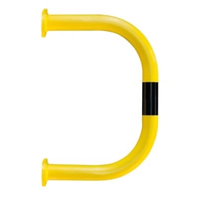 BLACK BULL Wandschutzbügel aus gelbem Metall, seitlich U-förmig, mit schwarzem Mittelstreifen und Flanschen an den Enden.
