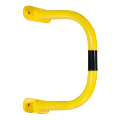 Gelber BLACK BULL Wandschutzbügel aus Metall mit zwei Befestigungsplatten und schwarzem Mittelstreifen, Sicherheitsgriff.