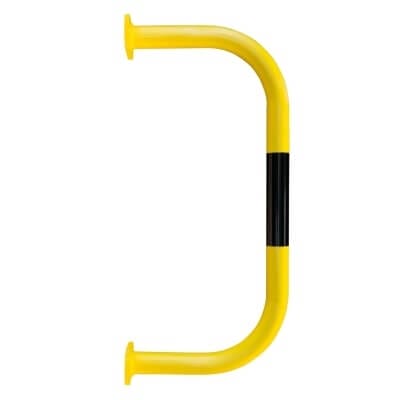Gelber Wandschutzbügel Metall, U-Form, schwarze Griffzone, Montageplatten an beiden Enden, auf weißem Hintergrund.