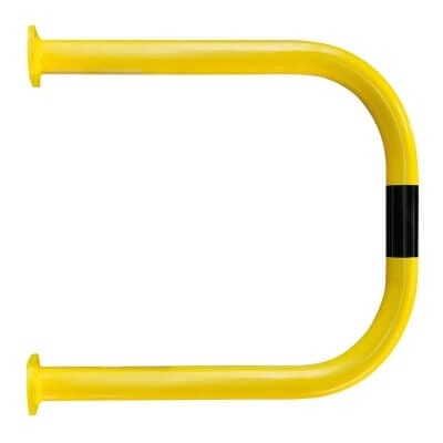 Gelber, U-förmiger Wandschutzbügel aus Metall mit schwarzem Streifen, für Bodenmontage, Rammschutz, Industrieschutz.