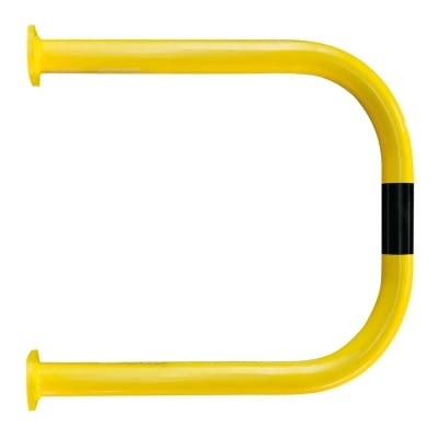 Gelber, U-förmiger Wandschutzbügel aus Metall mit schwarzem Streifen, für Bodenmontage, Rammschutz, Industrieschutz.