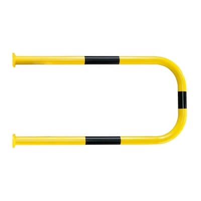 Gelber U-förmiger Stahl-Wandschutzbügel mit schwarzen Streifen, Draufsicht auf weißem Hintergrund, Rammschutz, Anfahrschutz.