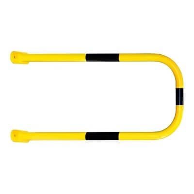 Gelber U-förmiger Wandschutzbügel mit schwarzen Streifen, Vogelperspektive, auf weißem Hintergrund, Absperrbügel.