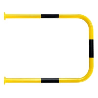 Gelber Wandschutzbügel aus Metall mit schwarzen Streifen, rechtwinklig gebogen, auf weißem Hintergrund, Anfahrschutz.