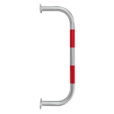 Metall-Wandschutzbügel mit zwei roten Reflexstreifen, breiter Bügelform, Montageplatten an den Enden, vor weißem Hintergrund.