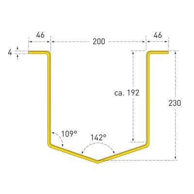 Technische Zeichnung gelber Rohrschutz klein: U-Profil, 200 mm Breite, 230 mm Höhe, 46 mm Flansche, 4 mm Stärke, Winkel 109°, 142°.