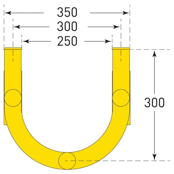 Gelber U-förmiger MORION Rohrschutz 180° groß, Höhe 300 mm, Innenbreiten 250, 300, 350 mm mit Maßlinien und Beschriftung.