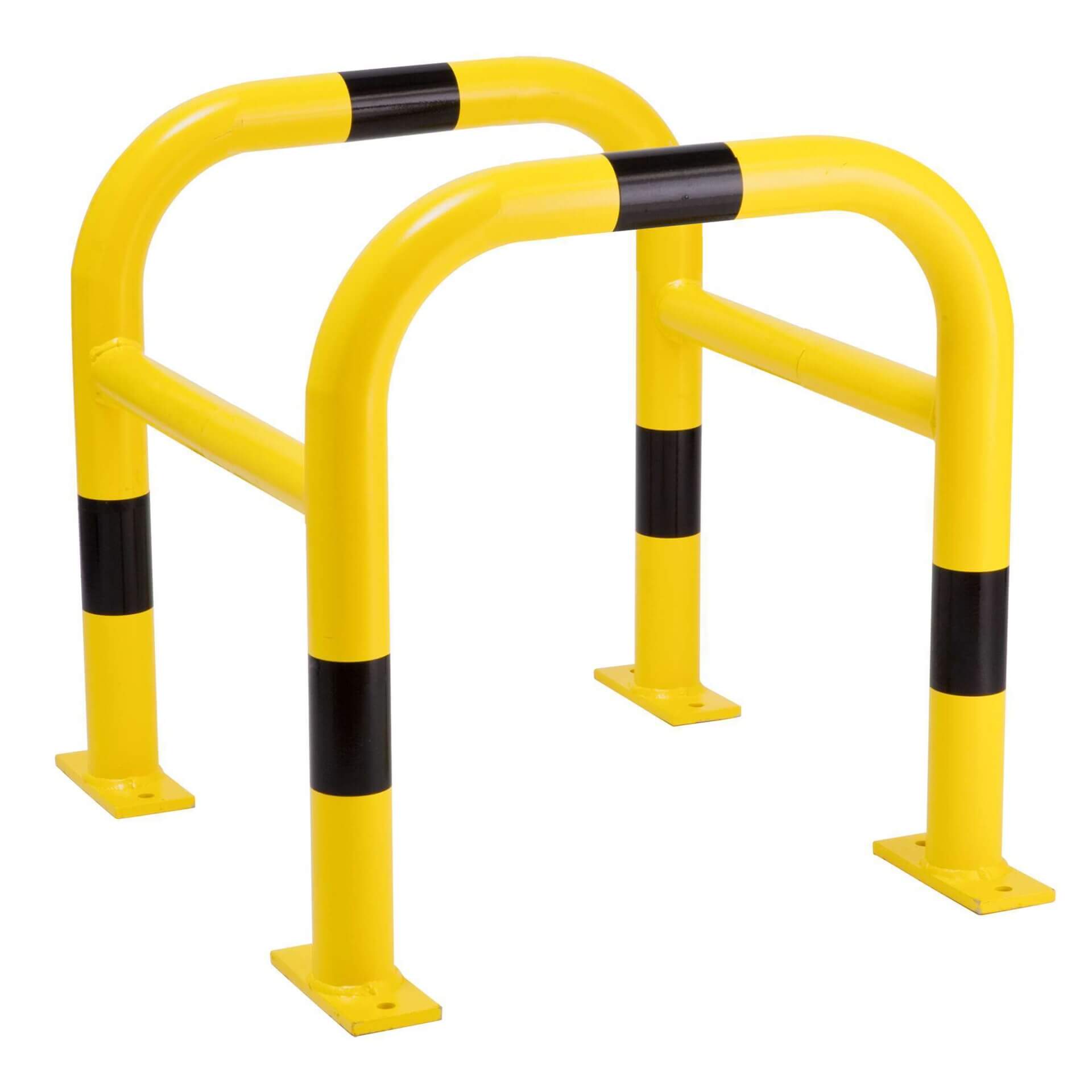 Zwei gelbe MORION Säulenschutz Stahlbarrieren mit schwarzen Streifen, bodenmontierbar, nebeneinander auf weißem Hintergrund.