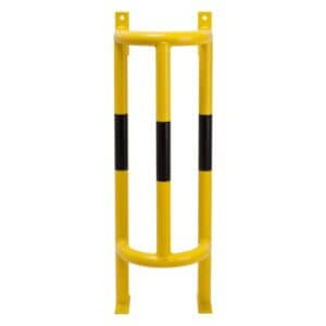 Gelber MORION Rohrschutz 180° groß aus Metall mit schwarzen Streifen, steht senkrecht, Montageplatten oben und unten.