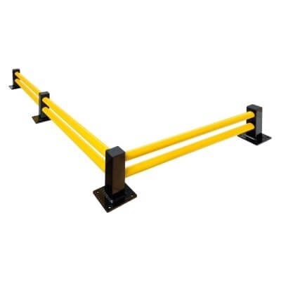 BLACK BULL Bodenbarriere mit zwei gelben Querbalken im rechten Winkel, schwarzen Pfosten, Bodenplatten zur sicheren Montage.
