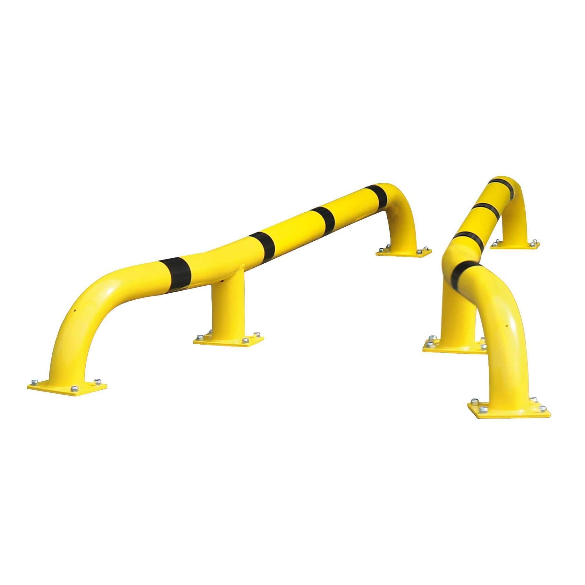 Zwei gelbe BLACK BULL LKW-Einfahrhilfen aus Metall mit schwarzen Streifen, vier Standfüße, für Lager oder Industrieumgebung.
