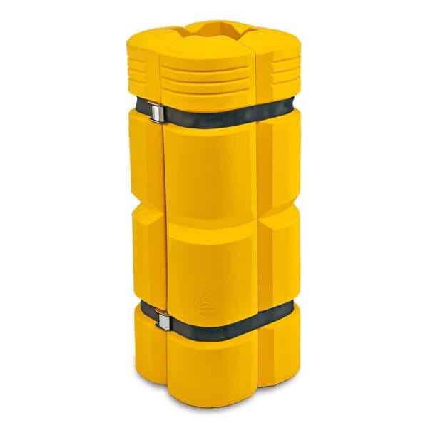 Gelber zylindrischer Kunststoff-Säulenschutz mit schwarzen Streifen, strukturierter Oberfläche, für Verkehrs- und Rammschutz.