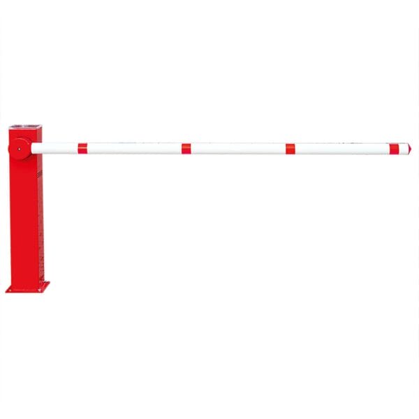 Rote und weiße Schranke, horizontal geschlossen, mit Solarpanel, zur Fahrzeug-Zugangskontrolle, Elektroschranke außen.