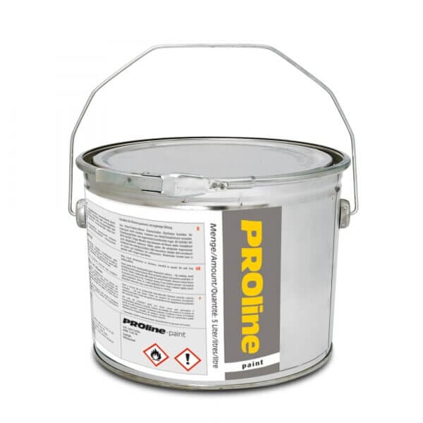 Metallfarbdose mit Henkel, Aufschrift PROline-paint Hallenmarkierfarbe, Sicherheits- und Gebrauchshinweise, Gefahrensymbole.