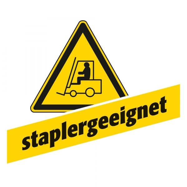 Gelbes Dreieck-Warnschild mit schwarzem Gabelstapler-Piktogramm und Aufschrift "staplergeeignet" auf gelbem Balken.