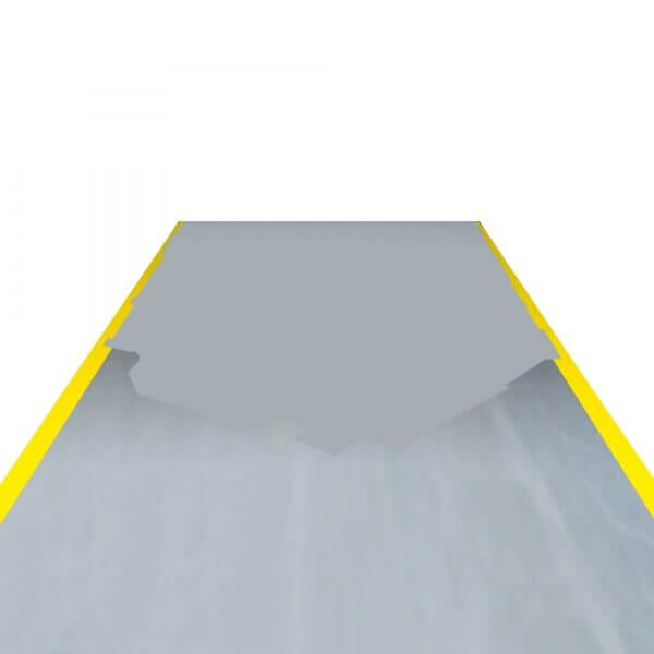 Graue, rechteckige PROline Hallenmarkierfarbe Dose auf weißem Boden mit gelben Seitenstreifen, von unten fotografiert.